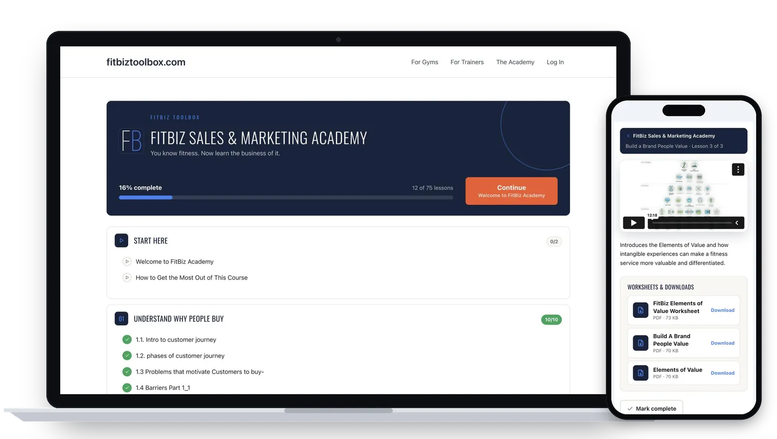 The FitBiz Academy course home on a laptop and a lesson with worksheet downloads on a phone
